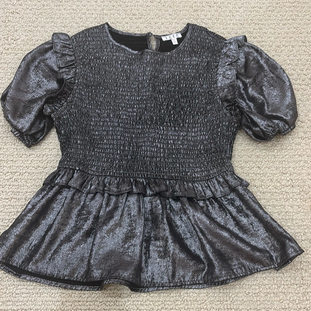 TCEC- Holographic smocked and ruffled shirt
